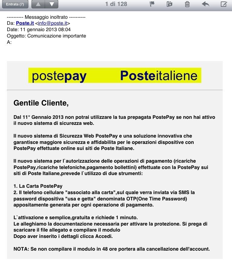 Attacco phishing a clienti PostePay