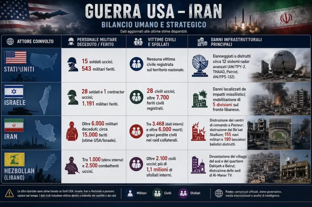 infografica sui soldati vittime e danni della guerra usa iran