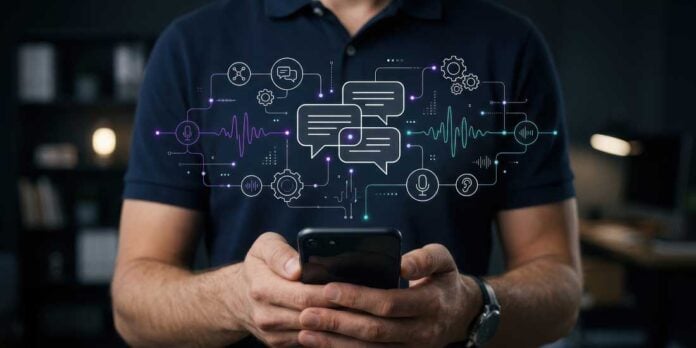 Person holding a smartphone with glowing chat and tech icons emanating from the device, symbolizing digital communication and AI networks.