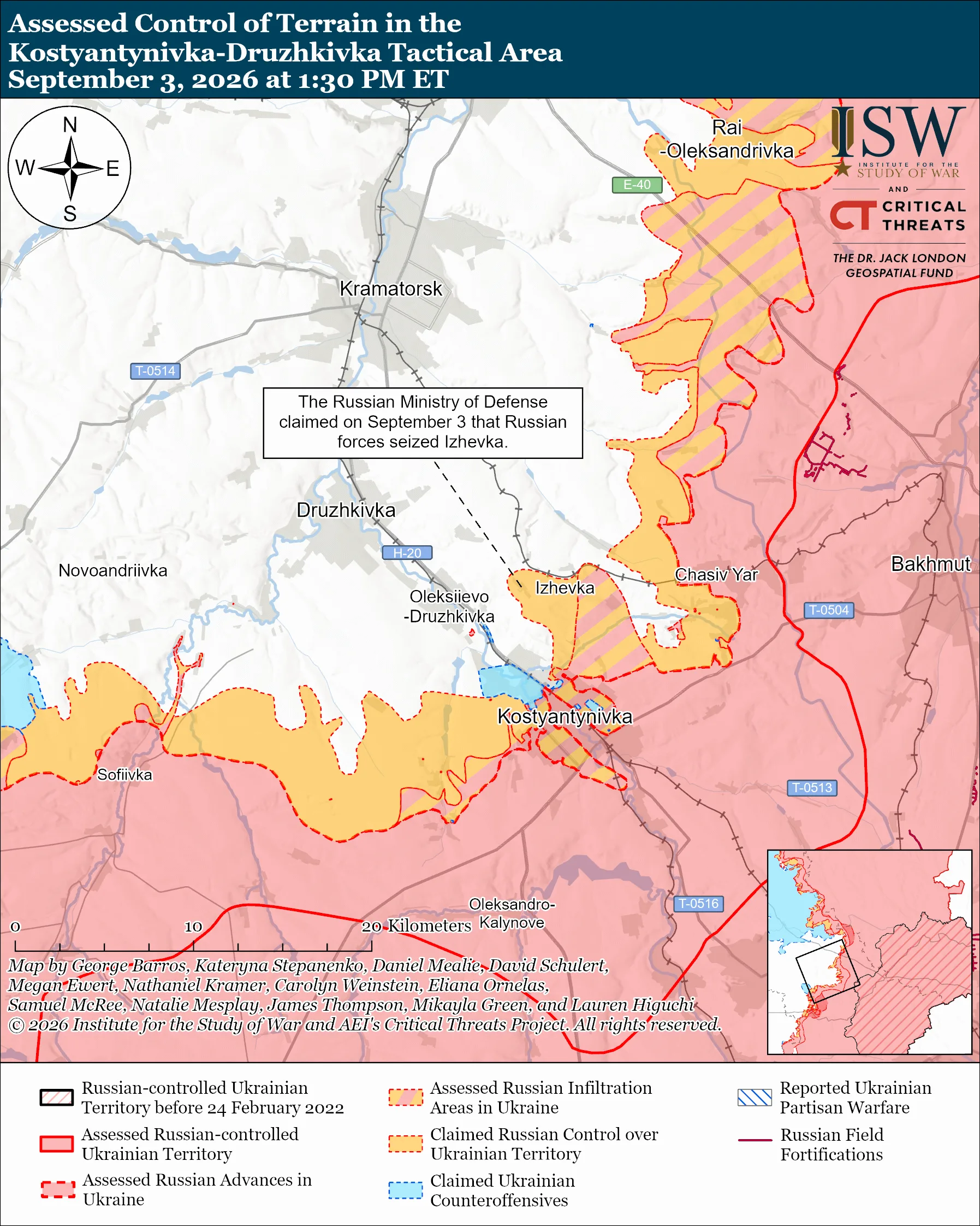 Mappa ISW del settore Druzhkivka-Kostiantynivka aggiornata al 3 settembre 2026