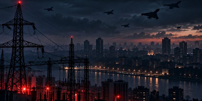 Illustrazione: tralicci e sottostazione elettrica in primo piano, droni nel cielo e una città sul fiume al crepuscolo